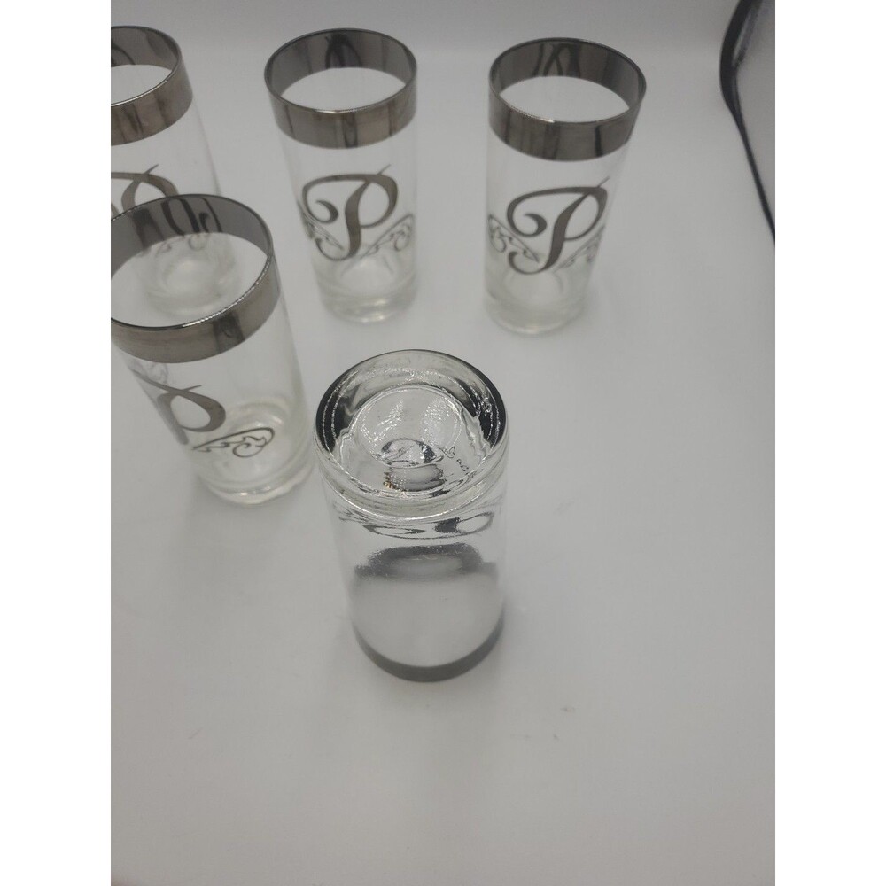 5 Highball Glass Monogram Platinum" style, silver rim and an "P" initial - Picture 6 of 7